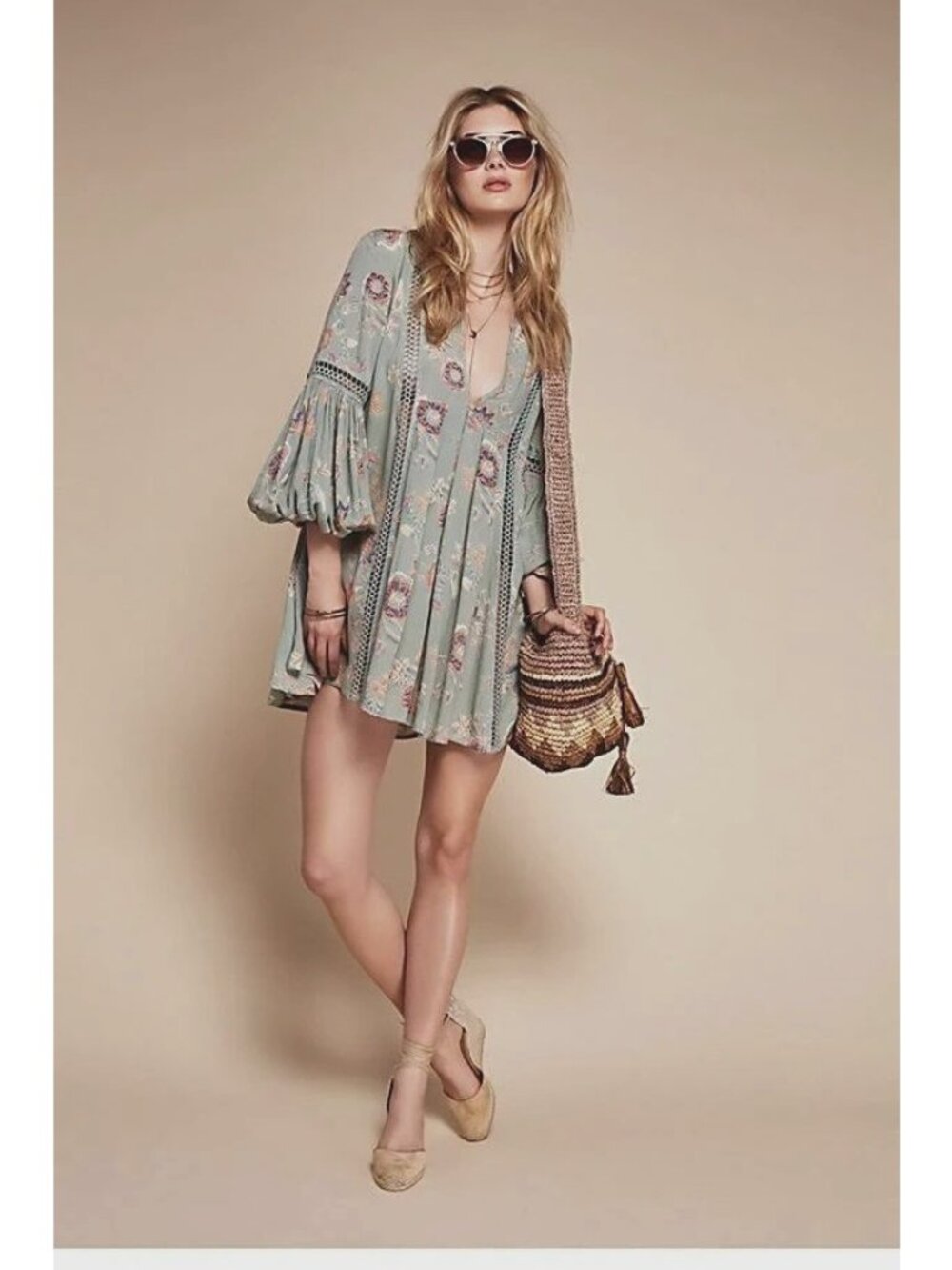 Free People Just the Two of Us Tunic mini dress floral print crochet lace XS